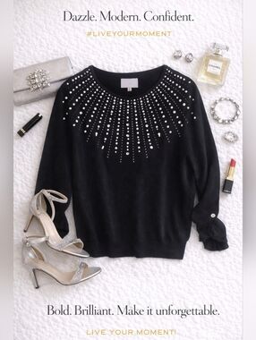 Effortless Momement- Black Studded Rhinestone Pearl Embellished Light Sweater